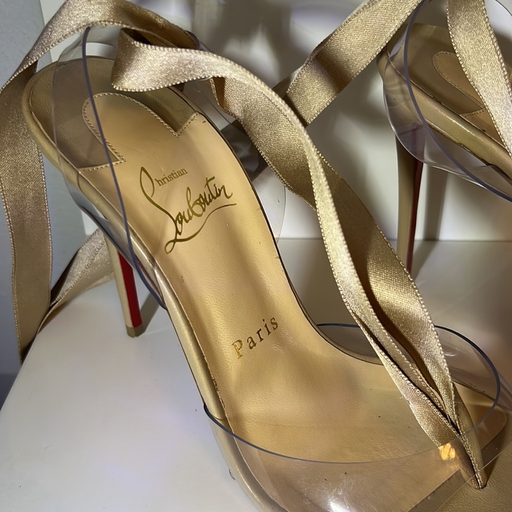 Louboutin Marie Edwina 100 Nude stilettos ribbon ostrich feathers pvc naked  1 - Picture 8 of 14